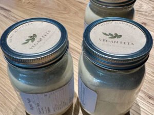 Three Glass Jars of Vegan Feta Cheese