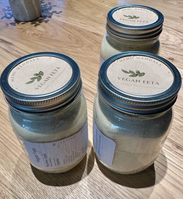 Three Glass Jars of Vegan Feta Cheese
