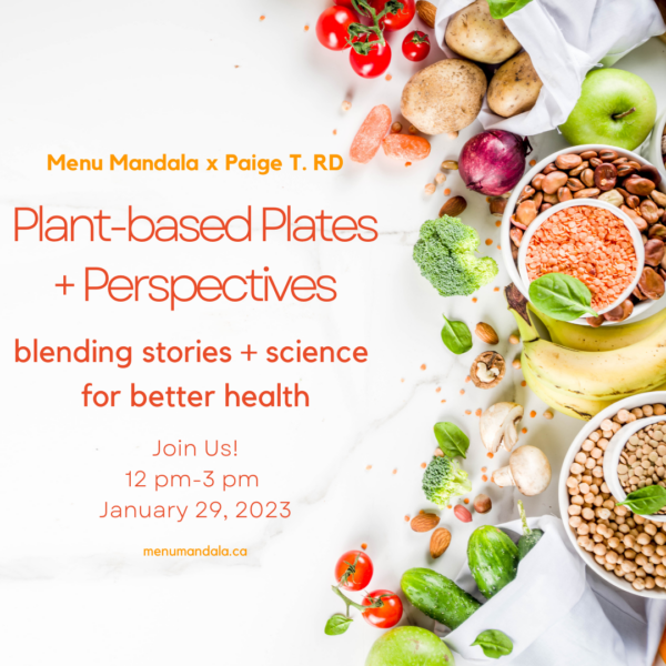 Event: January 29, 2023 at 12pm until 3pm called "Plant-based Plates and Perspectives" with subtext "blending stories + science for better health"