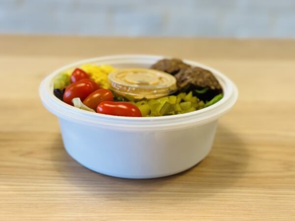 Delicious Burger Bowl in a ready to eat container with house made "posh" sauce, a bbq mustard aioli