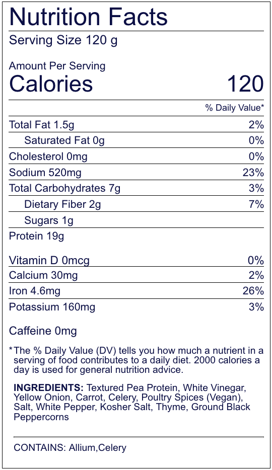 120 Calories, 23g protein, 26% DRV iron, 7% DRV fiber, 2% DRV carbs.